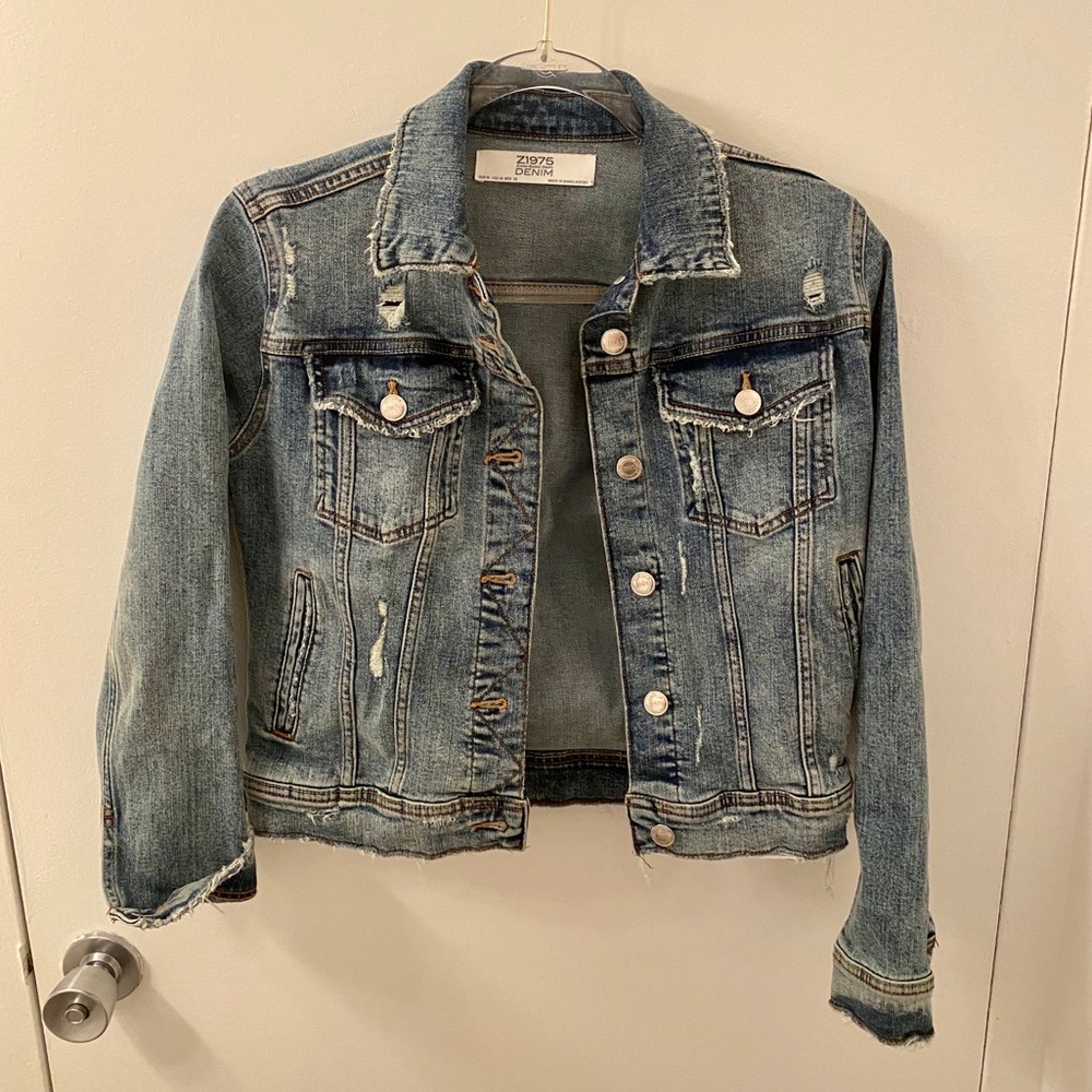 Zara Distressed Jean Jacket, Size M